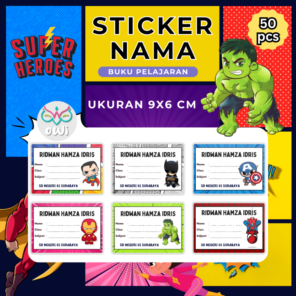 

Sticker Custom Nama Anak Super Hero Buku Pelajaran Sampul Label Superman Batman Iron Man Spiderman