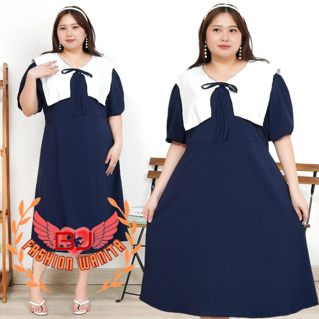 BJFashionWanita / Dress Whitely polos kombinasi putih lengan pendek karet jumbo bigsize midi