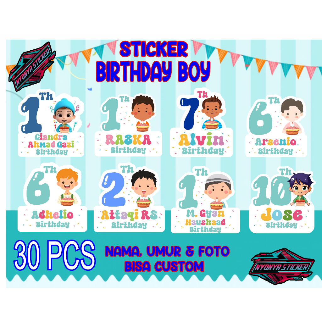 

Sticker Ulang Tahun cowok 30PCS (BISA PAKAI FOTO) sticker lucu anak laki laki Umur Custom Sticker Birthday Sticker Anak souvenir stiker ulang tahun anak cowok