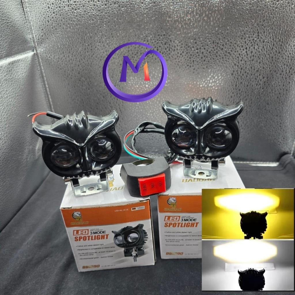 PROMO PAKET LAMPU TEMBAK LASER 2 MATA OWL + SAKLAR MOTOR MOBIL JEEP TRUK LAMPU SOROT DEPAN LED 2 MAT