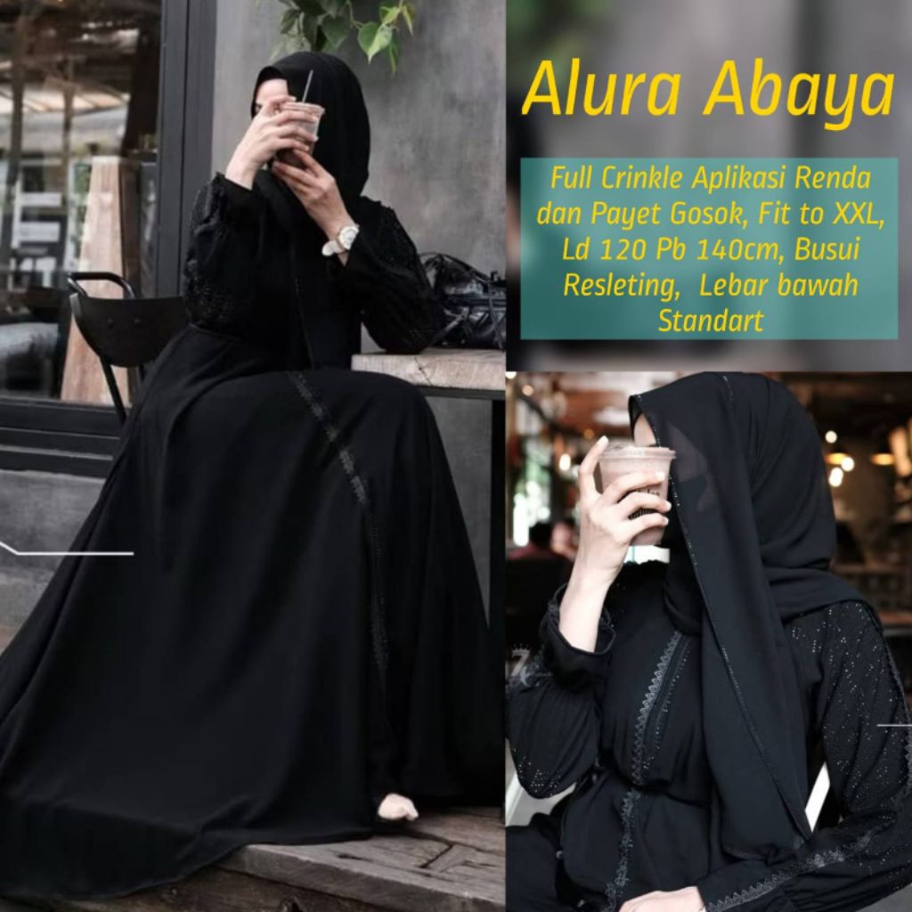 Alura Abaya Black Crinkle Hitam Krinkle Polos Renda Payet Cantik Ada Jumbo Baju Gamis Wanita Muslim 