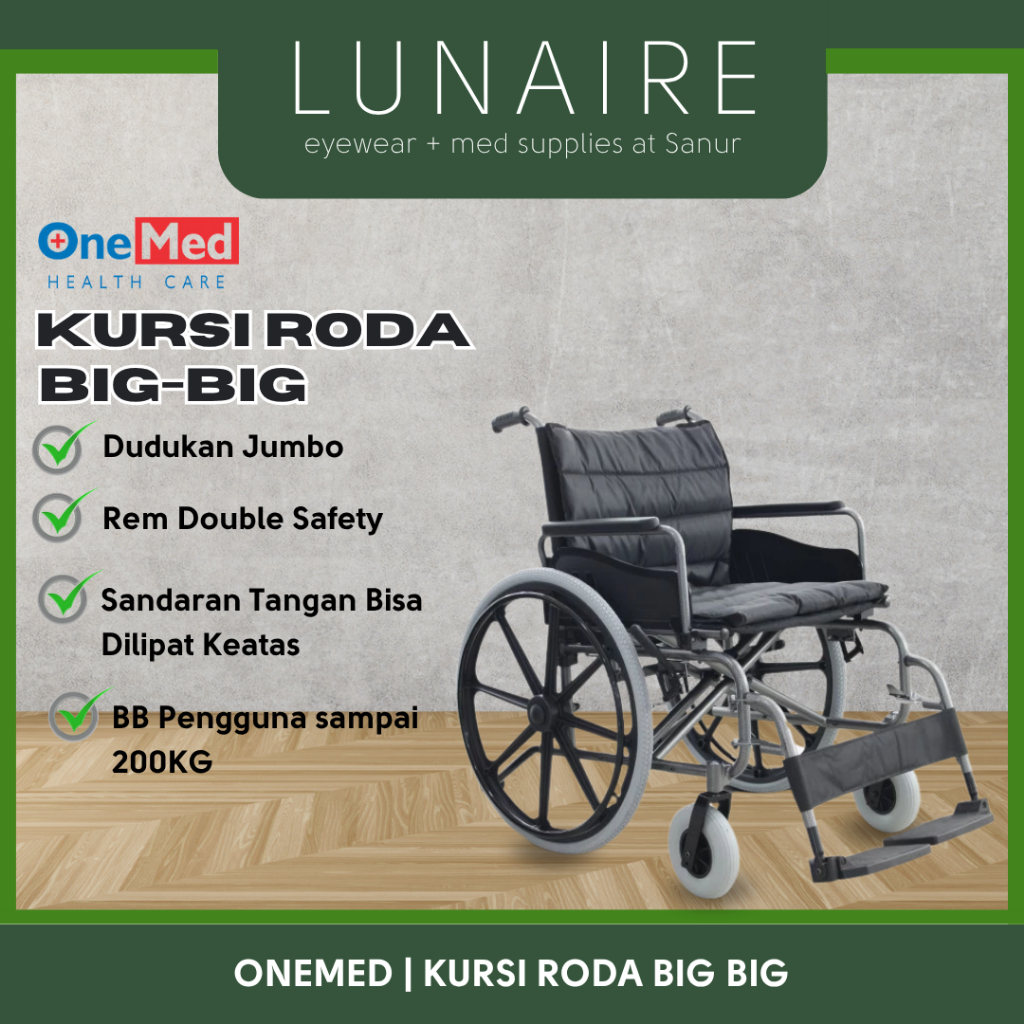ONEMED Kursi Roda BIG BIG Dudukan Jumbo Rem Double Safety Sandaran Tangan Bisa Dilipat Keatas