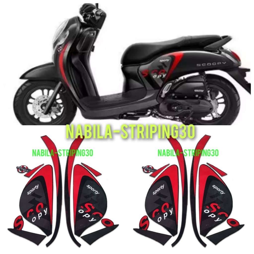 STRIPING STICKER LIS BODY MOTOR HONDA SCOOPY SPORTY 2021 HITAM STANDAR FULLSET
