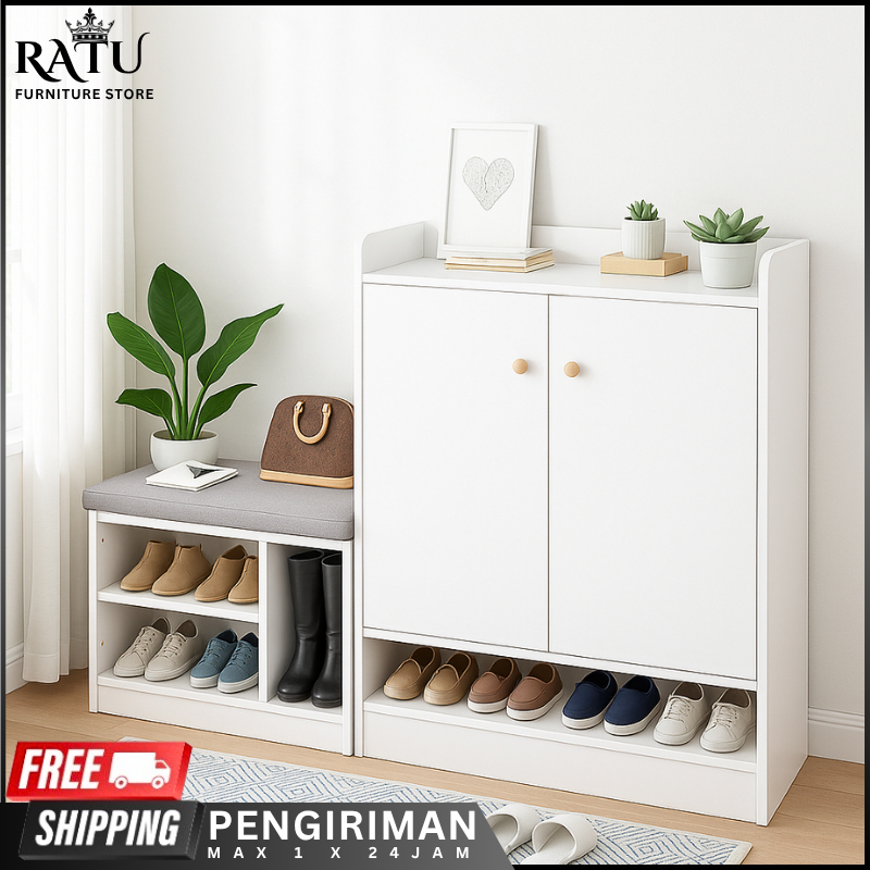 Lemari Sepatu Susun Minimalis Rak Serpatu Kayu Serbaguna Rak SEpatu Sofa Dengan Laci Ratu Furniture