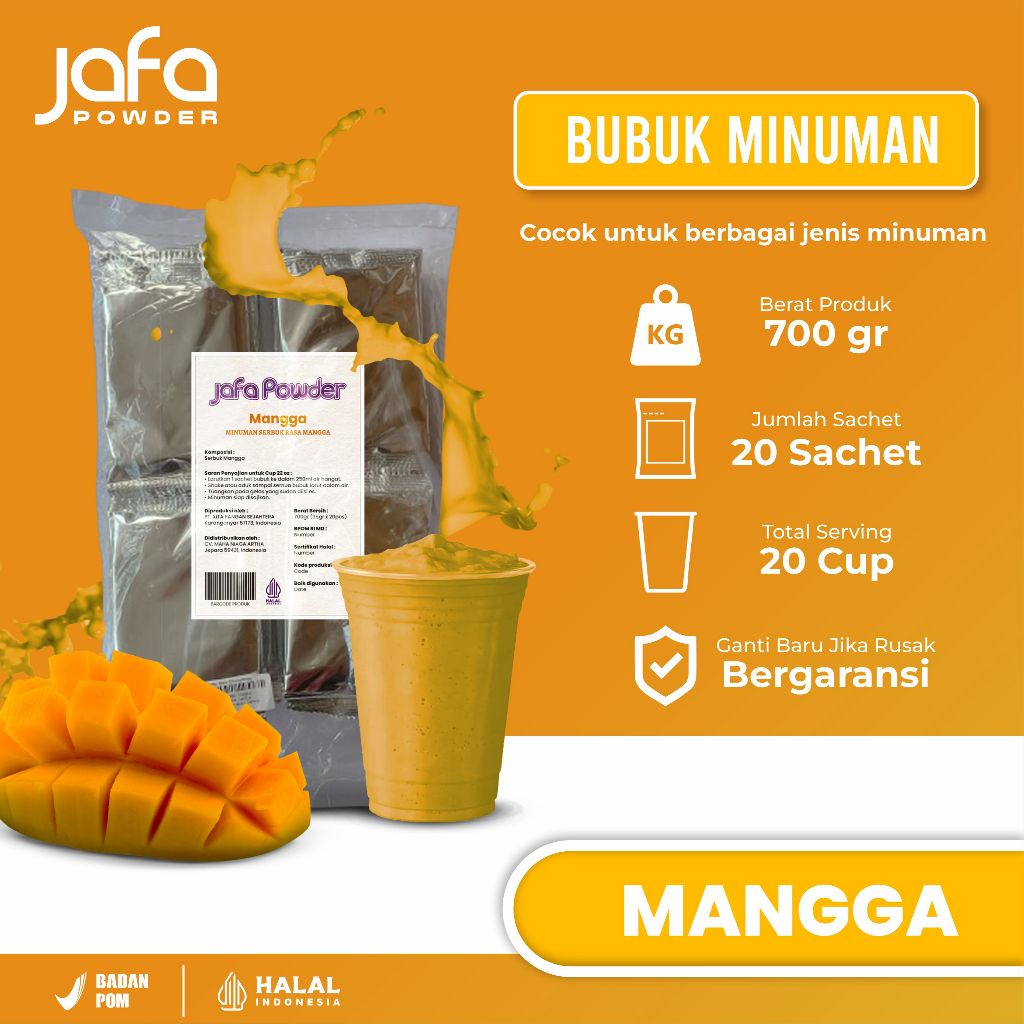 

Bubuk Minuman Rasa Mangga 700 Gram - Bubuk Minuman Premium Rasa Mangga - Halal & BPOM