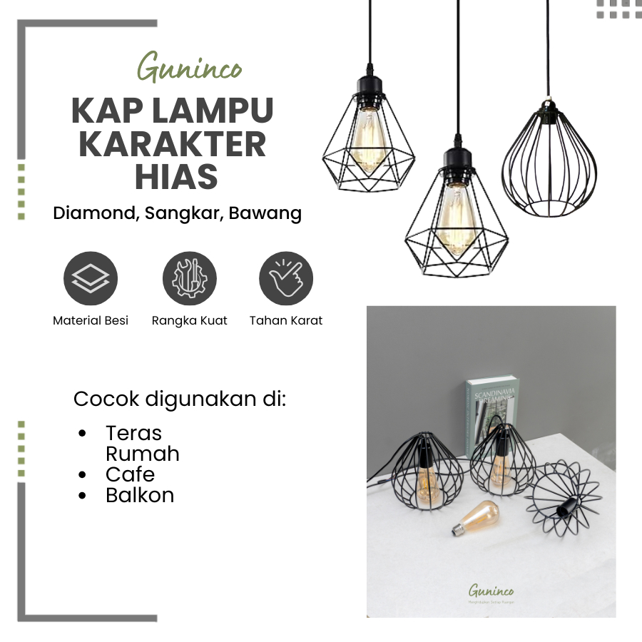 Guninco Kap Lampu Gantung Vintage Model Diamond Industrial / Lampu Dekorasi Cafe / Hiasan Rumah