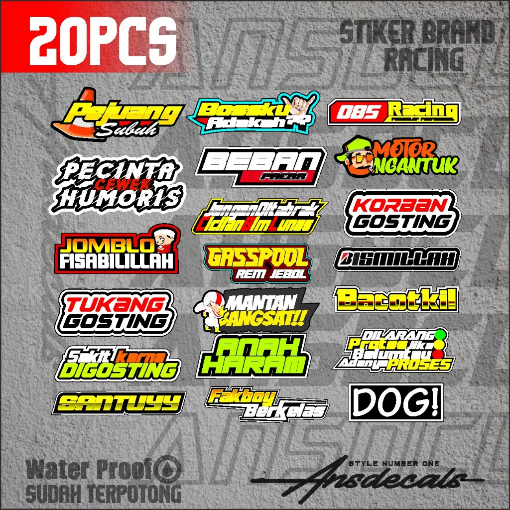 

stiker pack paket stiker pack brand racing kata - kata brand joki dragg anti luntur paket 20pcs