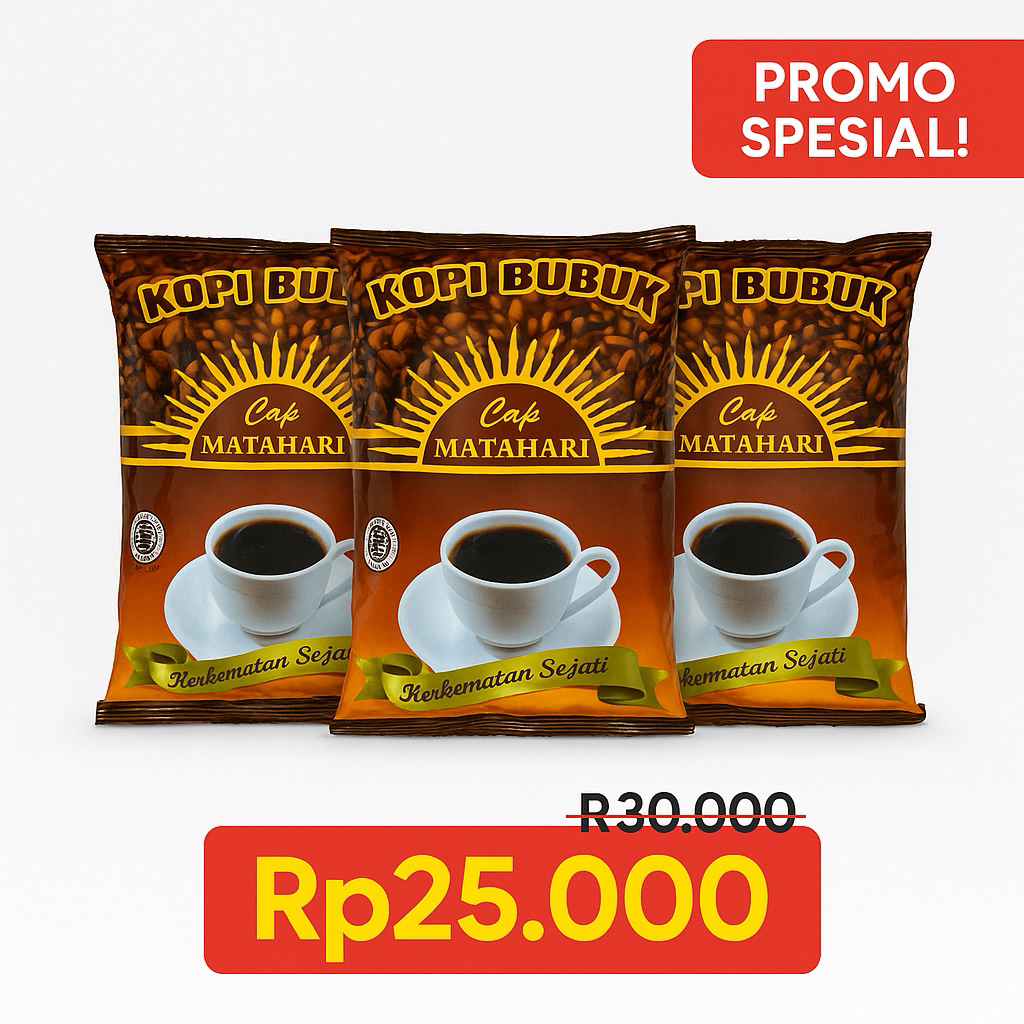 

• Nama Produk: Kopi Bubuk Cap Matahari 3 Bungkus (3x65g) – Rp25.000