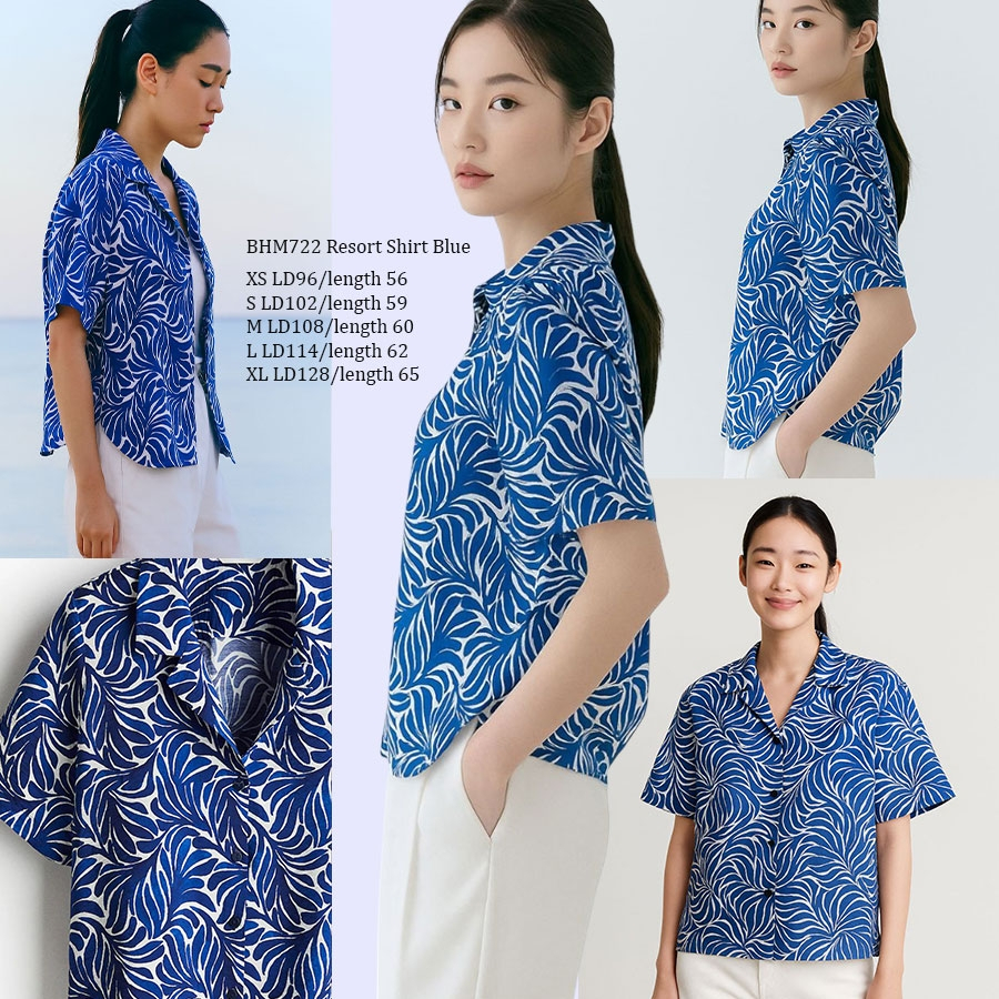 HM722 RESORT SHIRT BLUE CAMP COLLAR Top Baju Atasan Blouse Wanita