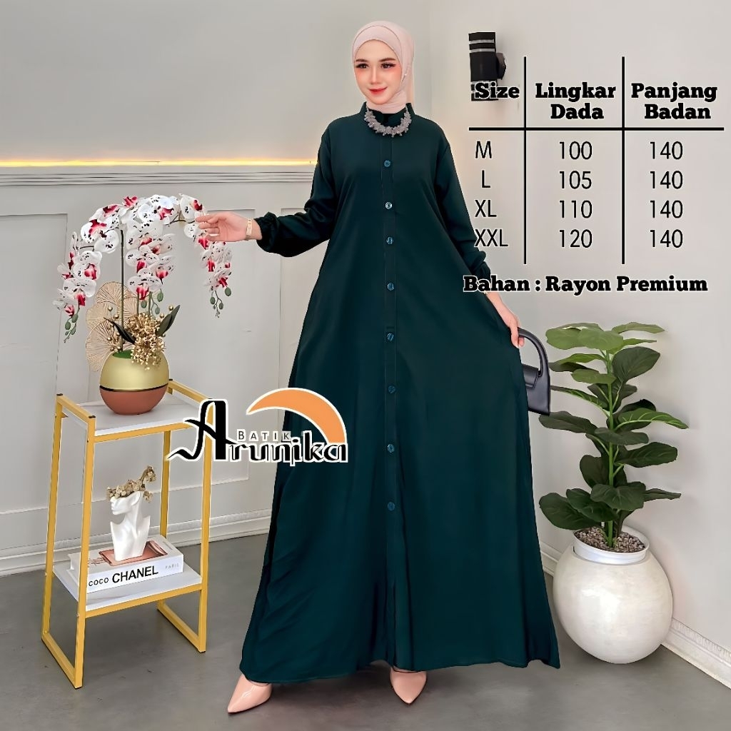 GAMIS RAYON POLOS BAHAN RAYON PREMIUM FULL KANCING WARNA HIJAU BOTOL SIZE M L XL XXL BATIK ARUNIKA