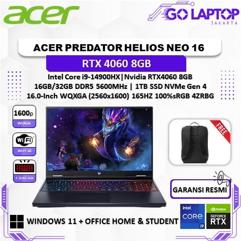 ACER PREDATOR HELIOS NEO 16 CORE i9-14900HX 8GB 32GB 1TB SSD 16.0-inch WQXGA 165HZ 100%SRGB W11+OHS