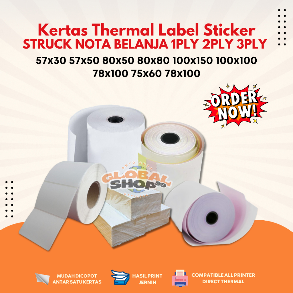 

Kertas Struk Kasir Label HVS 1PLY 2PLY 3PLY 57x30 57X50 80X50 80X80 75X60 80X80 Thermal