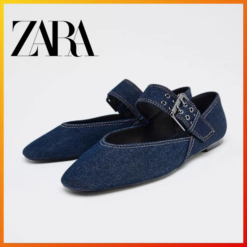 Zara 2025 Spring New Women's Shoes Blue Buckle Denim Flat Shoes