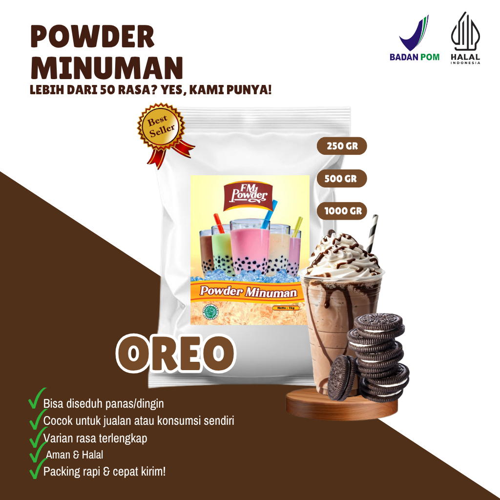 

COKLAT OREO Fm Powder Drink - Bubuk Minuman Instan Varian Rasa Coklat Kemasan 500gr dan 1000gr(BPOM&HALAL)