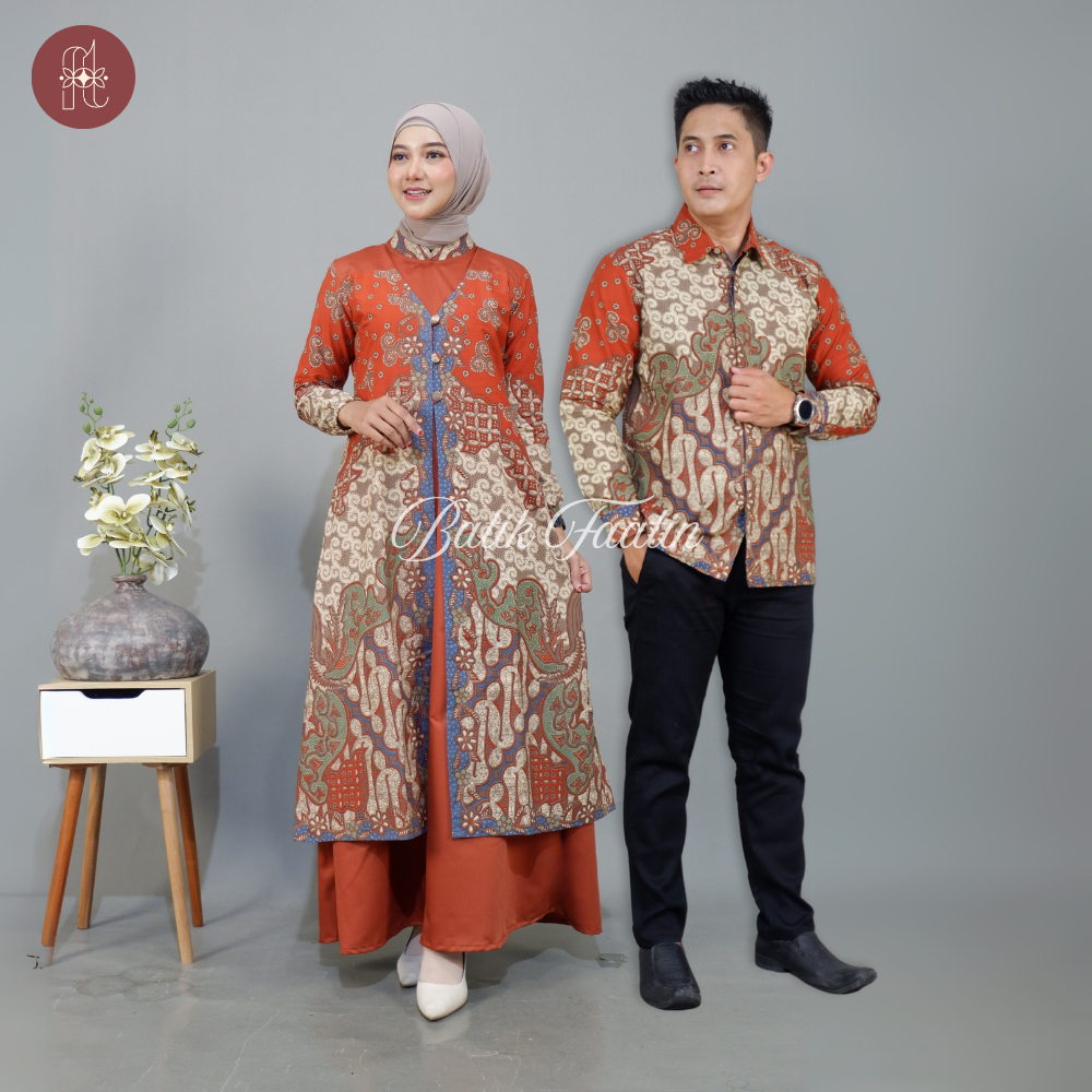 Batik Faatin | Gamis Batik Couple Katun Kombinasi Polos toyobo premium | Batik Couple Gamis Terbaru 