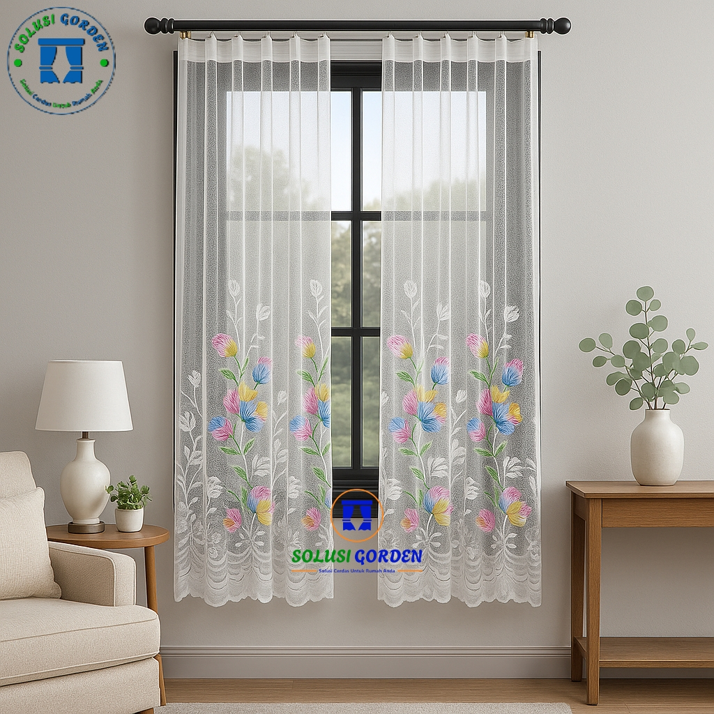 Gorden Siang Vitrase Burkat Dalaman Gorden Model Plisket Motif Bunga Tulip