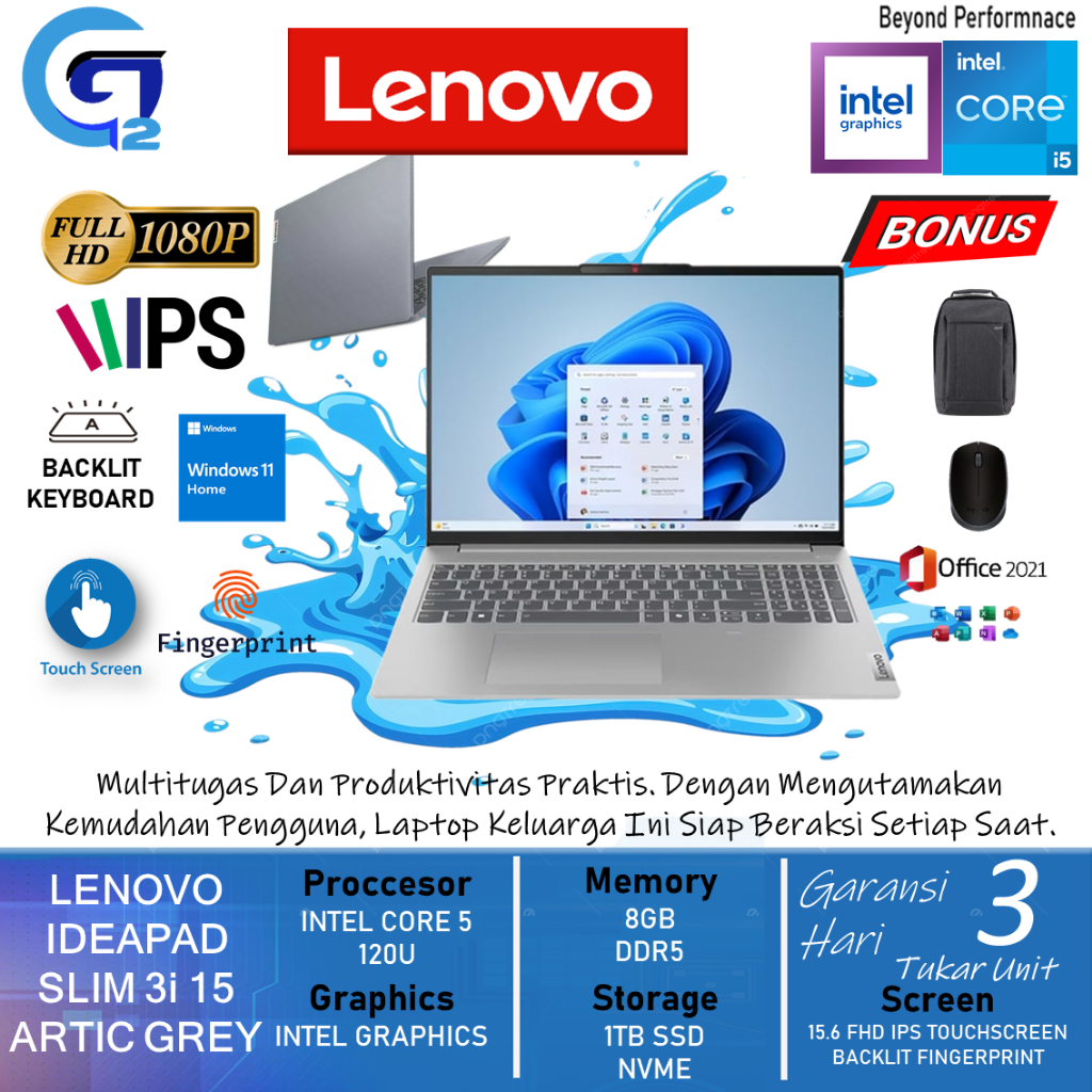 Laptop Lenovo Ideapad Slim 3i 15 Intel Core 5 120U 8GB 1TB SSD Full HD IPS Touch Backlite Win11Home