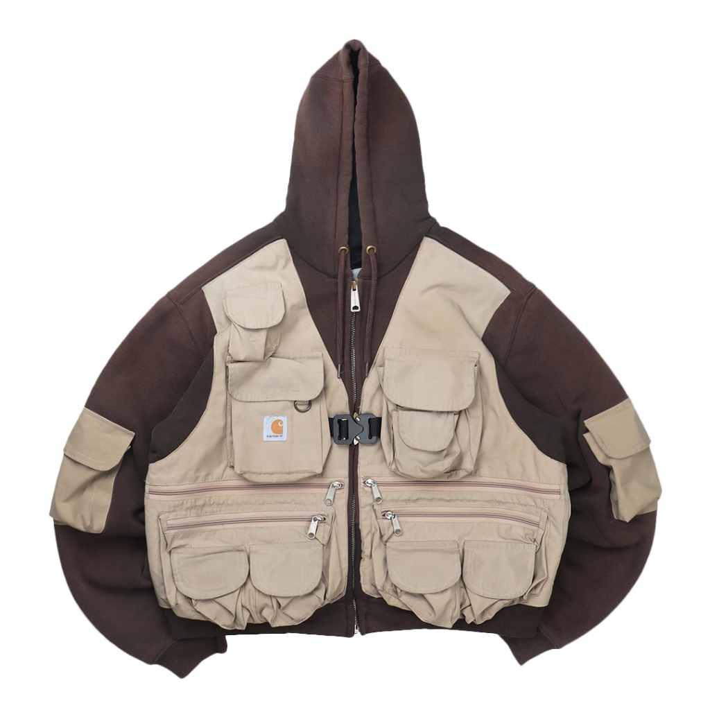 Reworked Carhartt RD Zip-up Tactical Boxy Hoodie Brown
