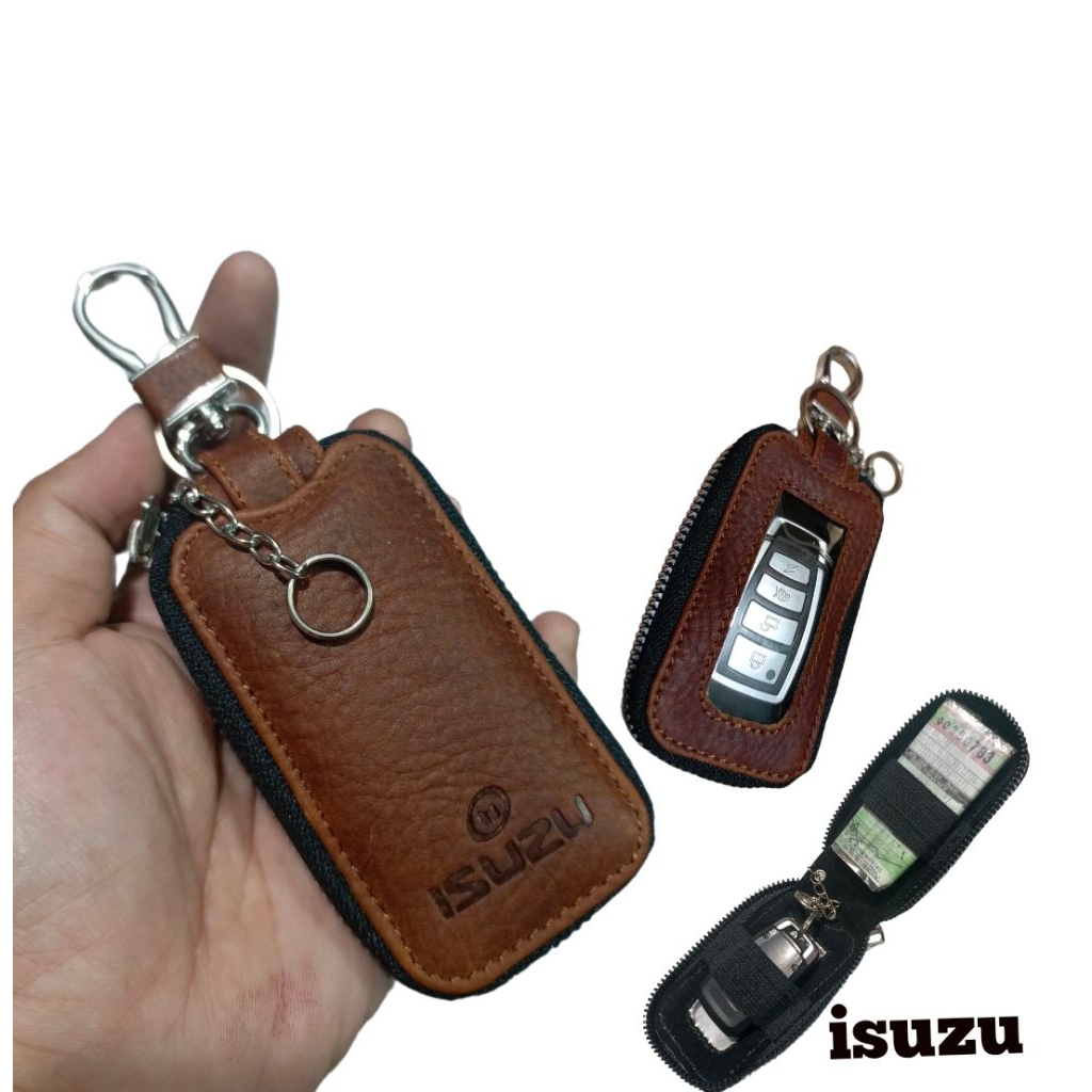 Gantungan kunci remote keyless mobil ISUZU kulit asli dobel karet dompet stnk