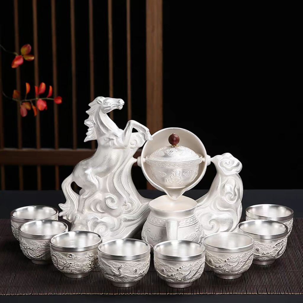 Set Tea Pot Otomatis Naga & Phoenix Berlapis Perak