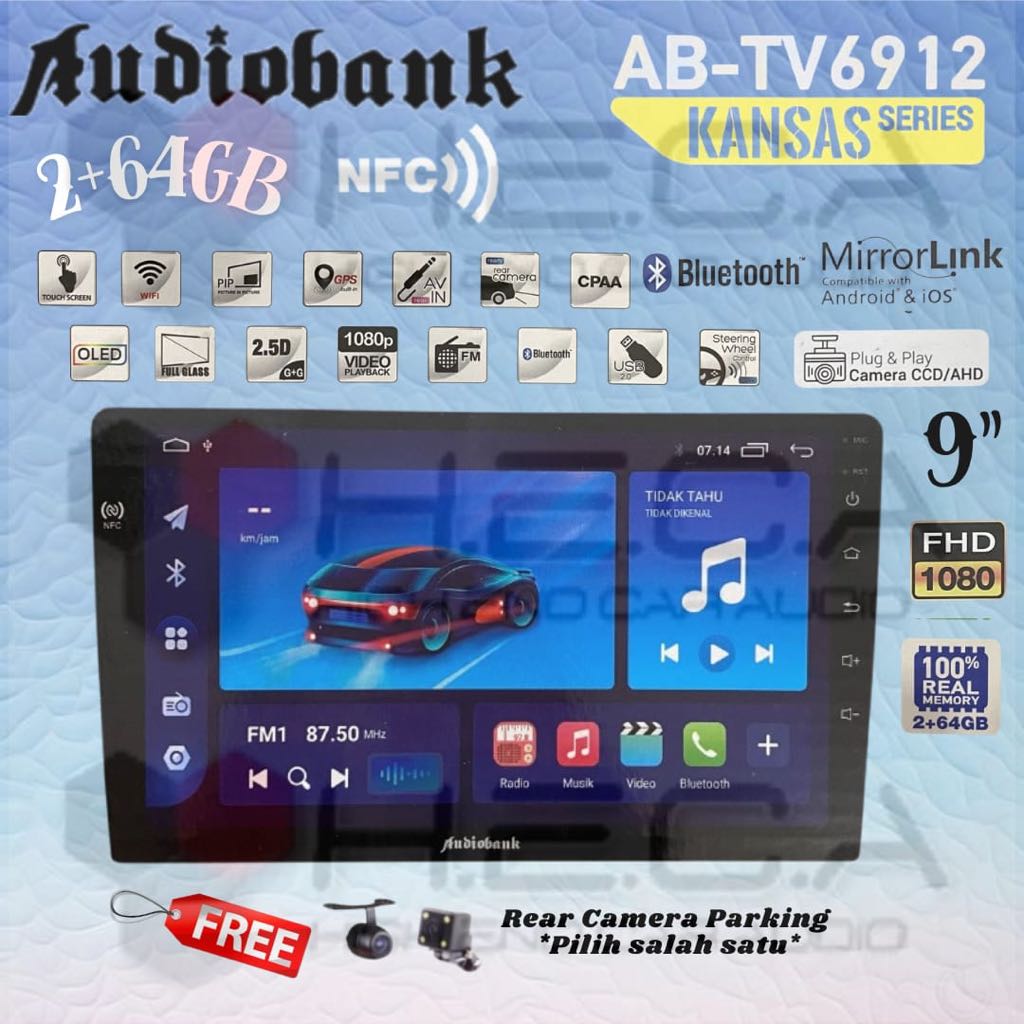 Audiobank KANSAS Series NFC 2/64 GB Android 9" Inch Head Unit AB-TV6912 Double Din Tape Mobil + Kame
