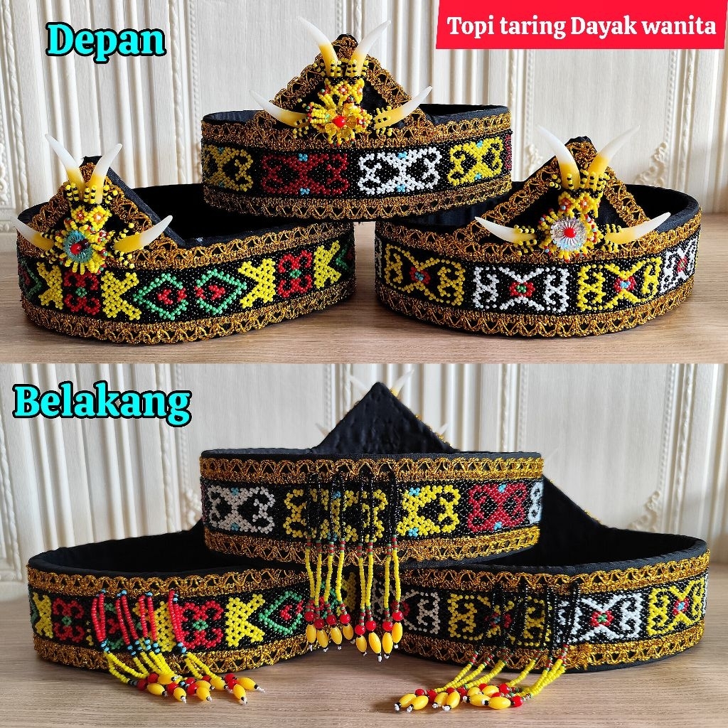 topi taring dayak wanita / topi dayak wanita / topi manik dayak / topi tari dayak / ikat kepala daya