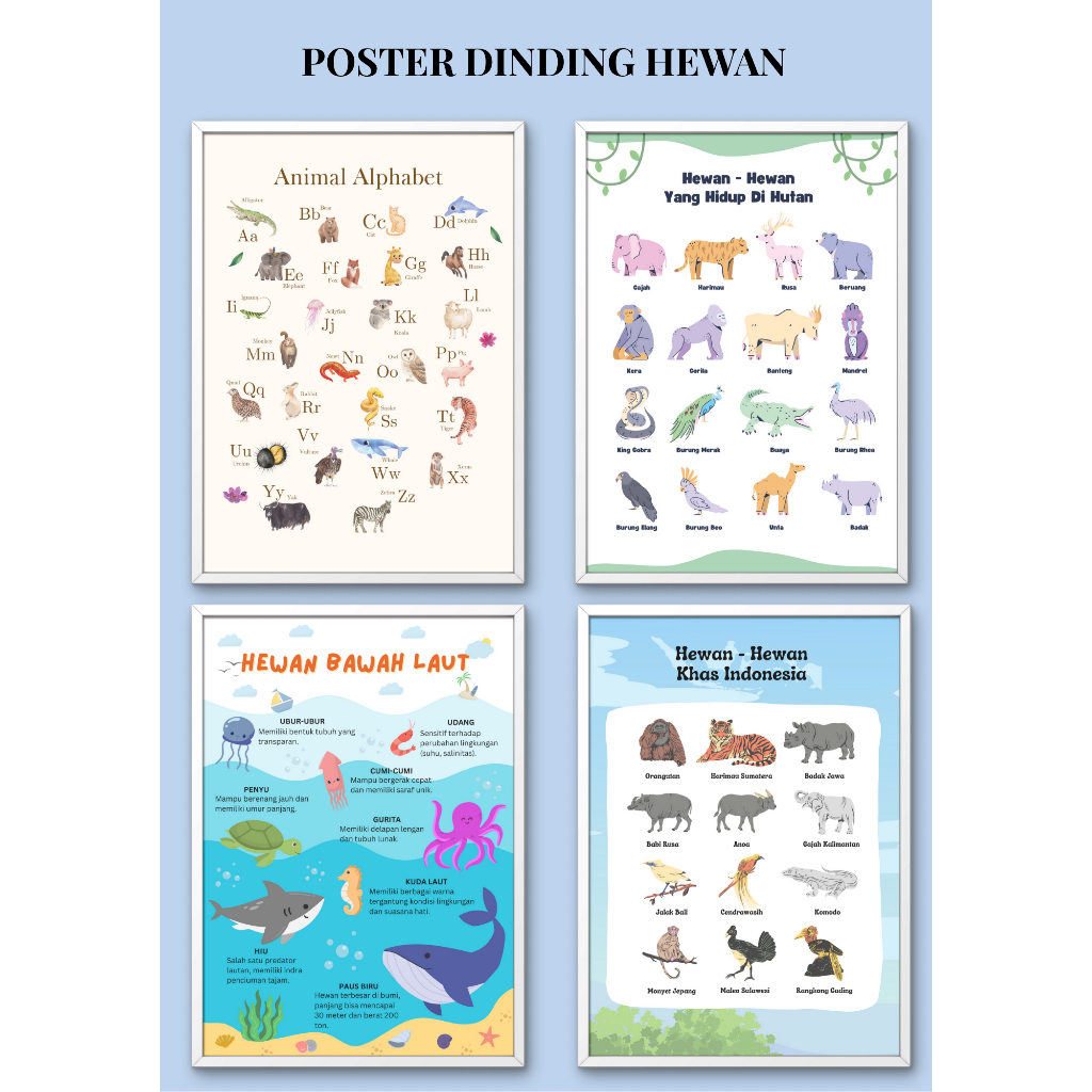 POSTER EDUKASI HEWAN UNTUK ANAK ANAK COCOK DIPAKAI UNTUK ANAK PAUD, TK, SD DAN UNTUK MENGAJAR
