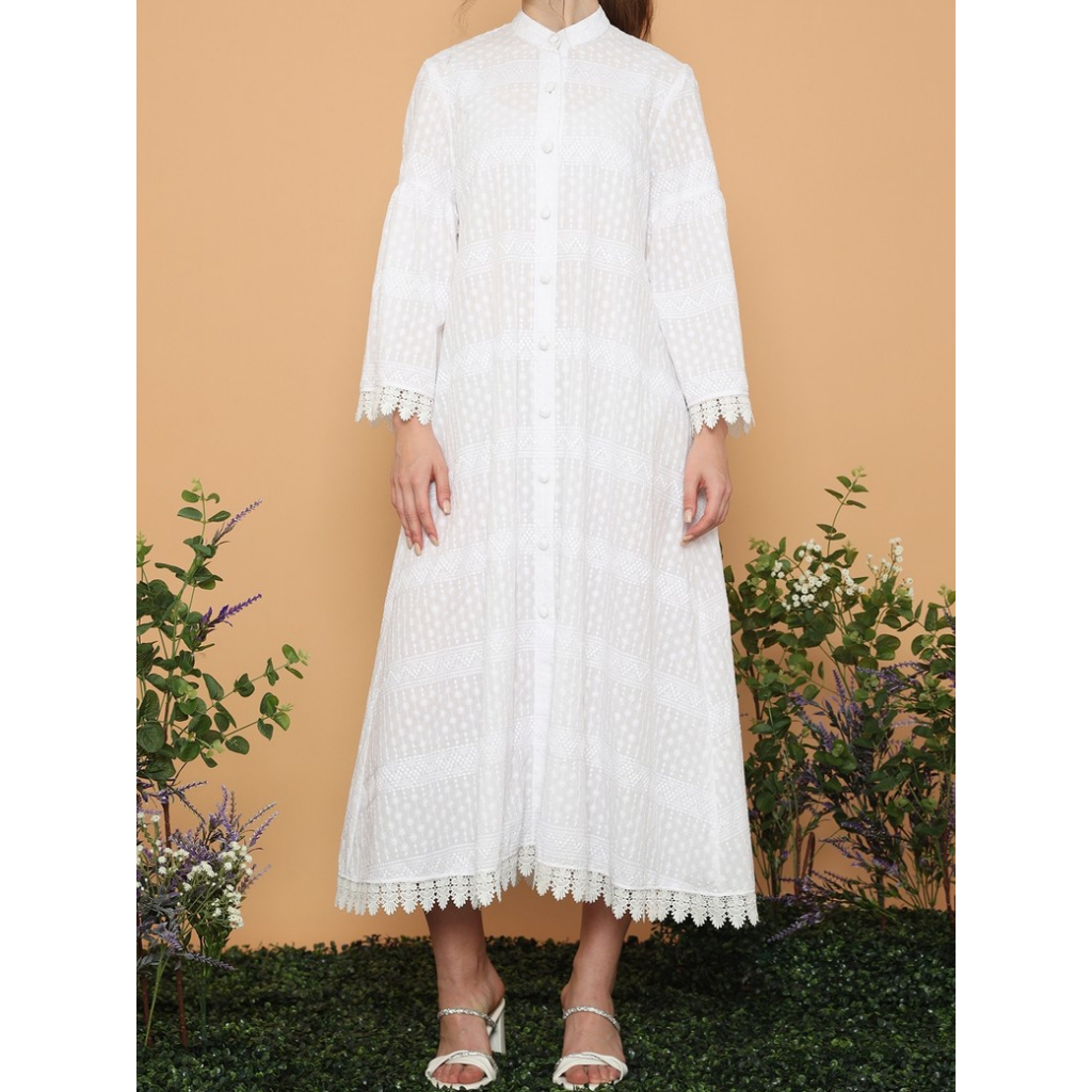 InCozy Dress Wanita Shabiya - Midi Dress Putih Broken White Bordir