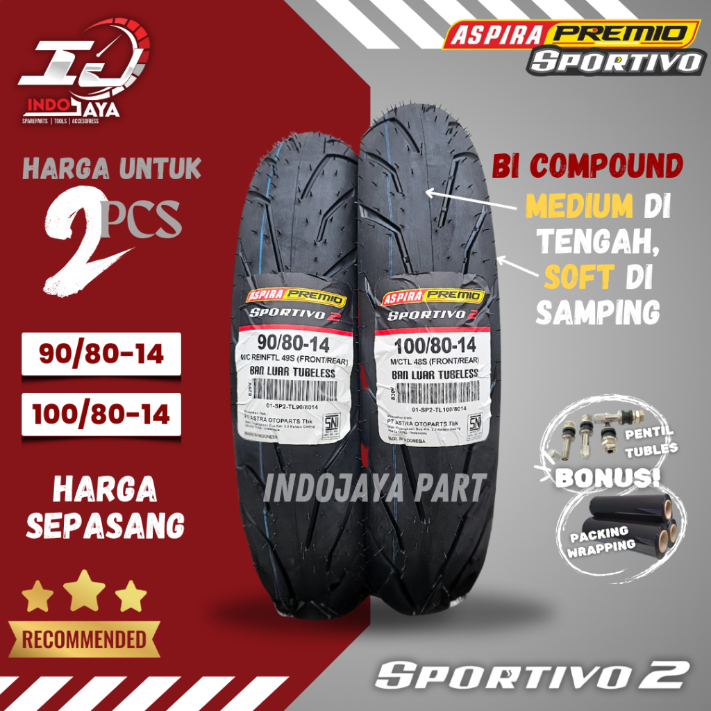 [HARGA MURAH SEPASANG] BAN LUAR ASPIRA PREMIO SPORTIVO 2 (90/80-14 & 100/80-14) BAN LUAR TUBELESS PR