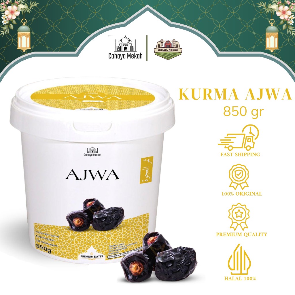 

Cahaya Mekah Kurma Ajwa Kemasan Ember 850gr Dates Ajwa Premium Manis 100% Original High Quality