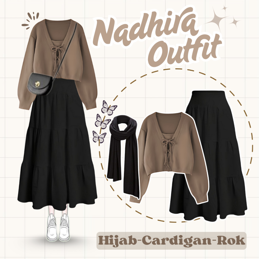 One Set Wanita Kekinian (Cardigan Folia Knit Khaki + Rok Susun Hitam + Pasmina Jersey Hitam) QNL047