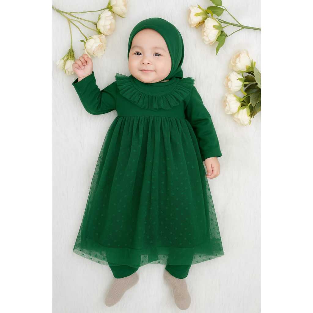Gamis Hijab Bayi Renda Tutu Tile Dotti (0-4 tahun) Pakaian Muslim Anak Perempuan  Hijau Botol Jotol