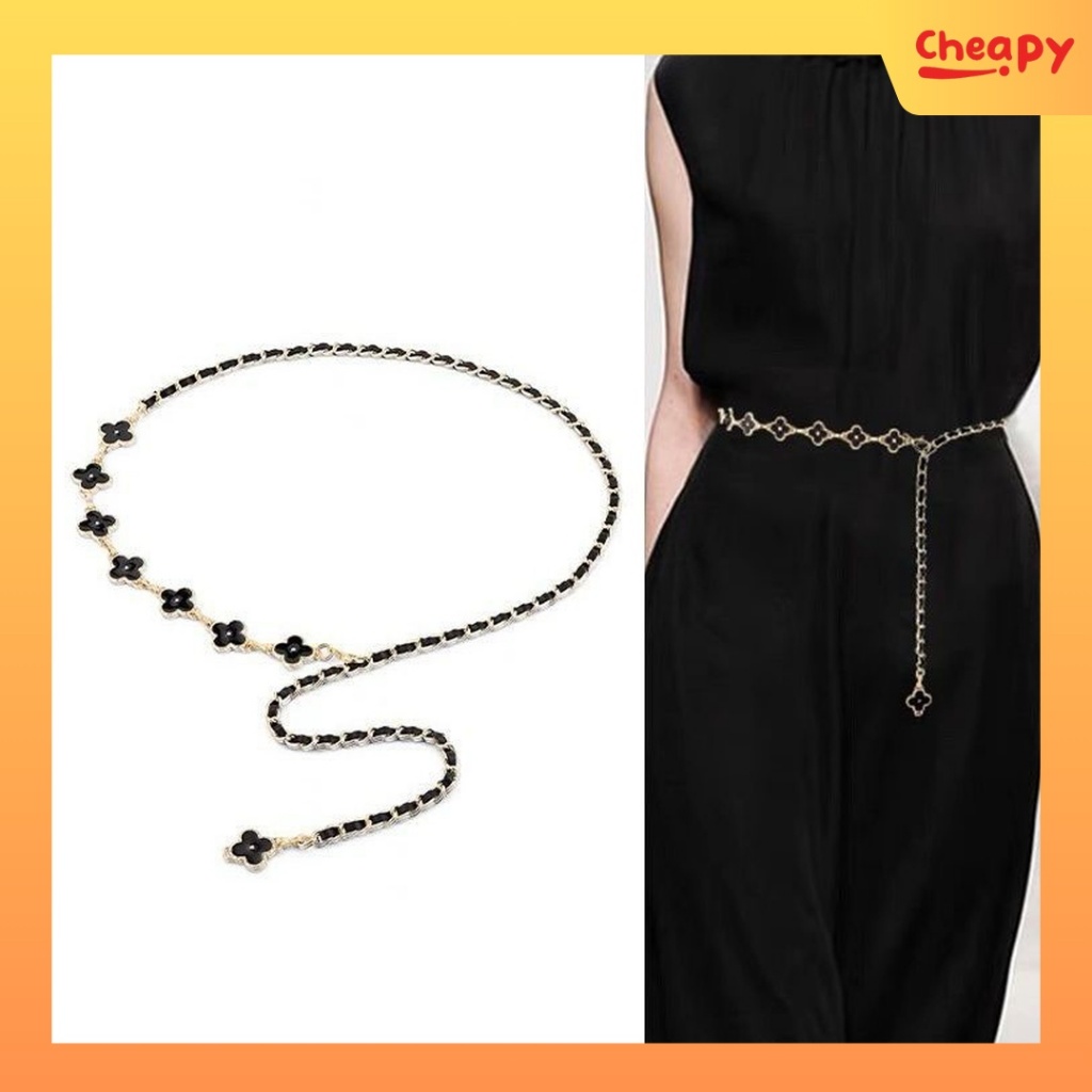 Ikat Pinggang Belt Sabuk Model Rantai Bunga Hitam Putih 2 Sisi Hitam Putih Aksesoris Fashion Wanita 