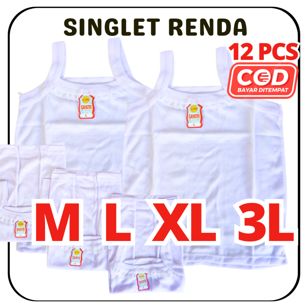 12 PCS Tanktop Kaos Dalam Renda Wanita Anak Remaja Dewasa Putih Lusinan