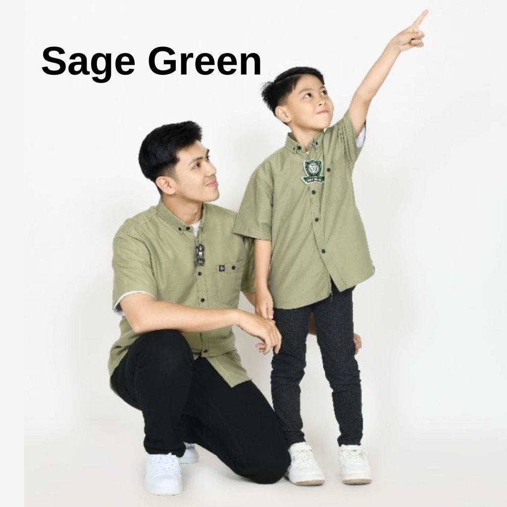 Sage Green Kemeja Couple Ayah Dan Anak Lengan Pendek Kemeja Polos Warna Hijau Sage Dewasa Dan Anak