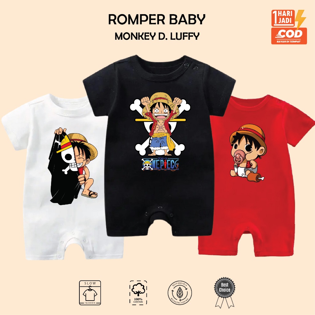 Baju Bayi Romper Baby Karakter Monkey D. Luffy Anime One Piece | Jumper Bayi Custom Usia 6-12 Bulan