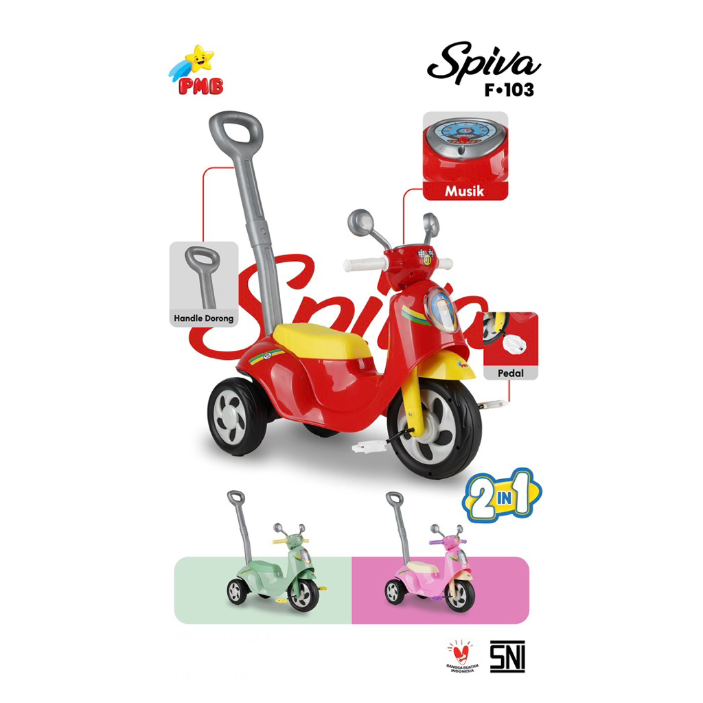 Motor Anak PMB SPIVA F103 F-103 Ride On Vespa Tricycle 2in1 Foot To Floor Sepeda Anak Roda Tiga Doro