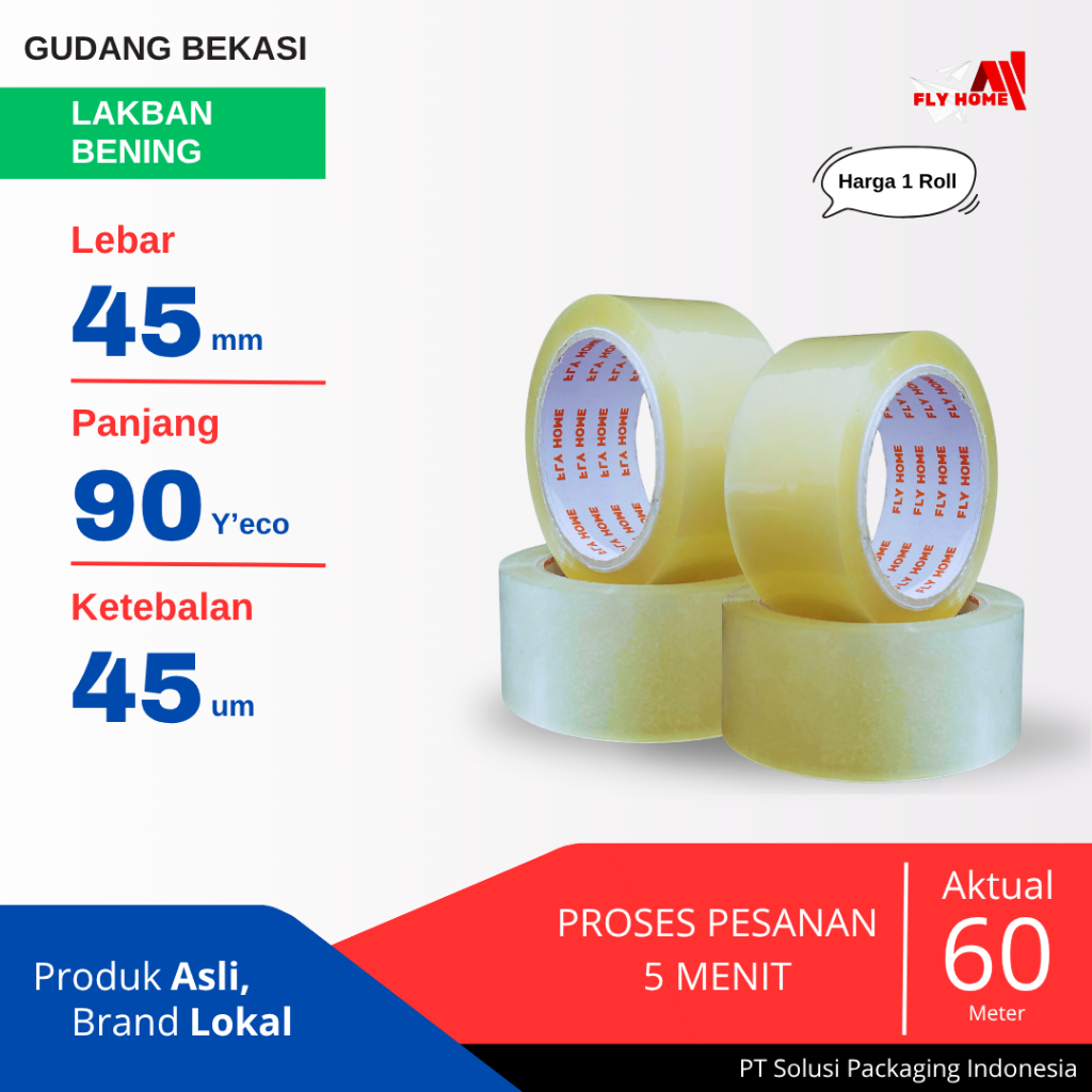 

FLYHOME 1Roll Lakban Bening 45x90Y 2inchi Solasi Uk Besar ECO 90 yard