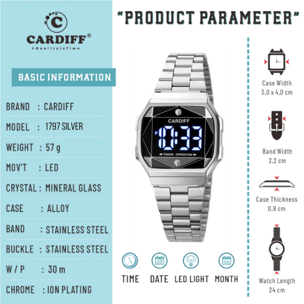 WTT CARDIFF Jam tangan LED touch screen sport pria wanita 1797 Stainless Rantai Tahan Air unisex