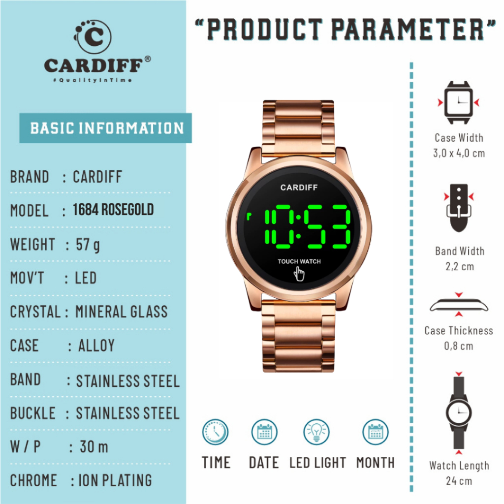 WTT CARDIFF Jam tangan LED touch screen sport pria wanita 1684 Stainless Rantai Tahan Air unisex