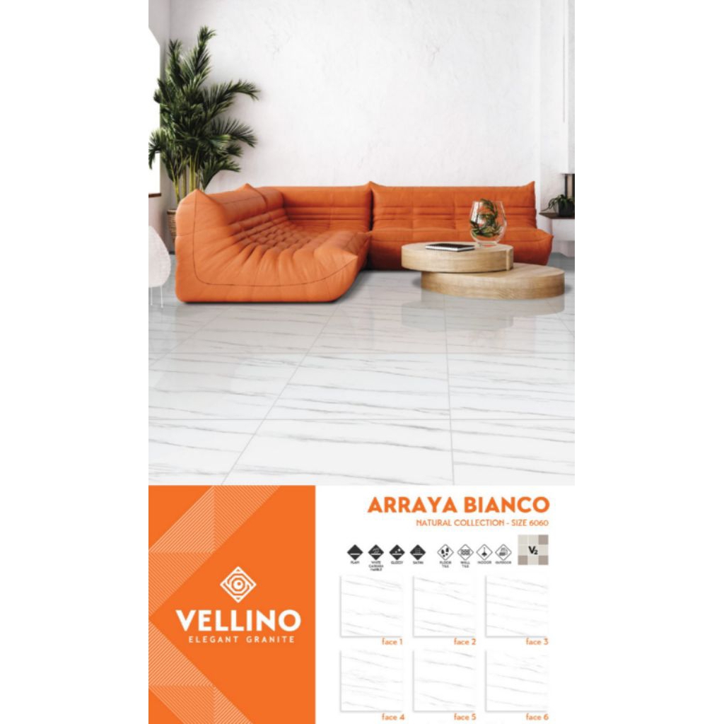 GRANIT MERK VELLINO TIPE ARRAYA BIANCO UKURAN 60X60 WARNA DASAR PUTIH MOTIF CORAK MARBLE ABU PERMUKA