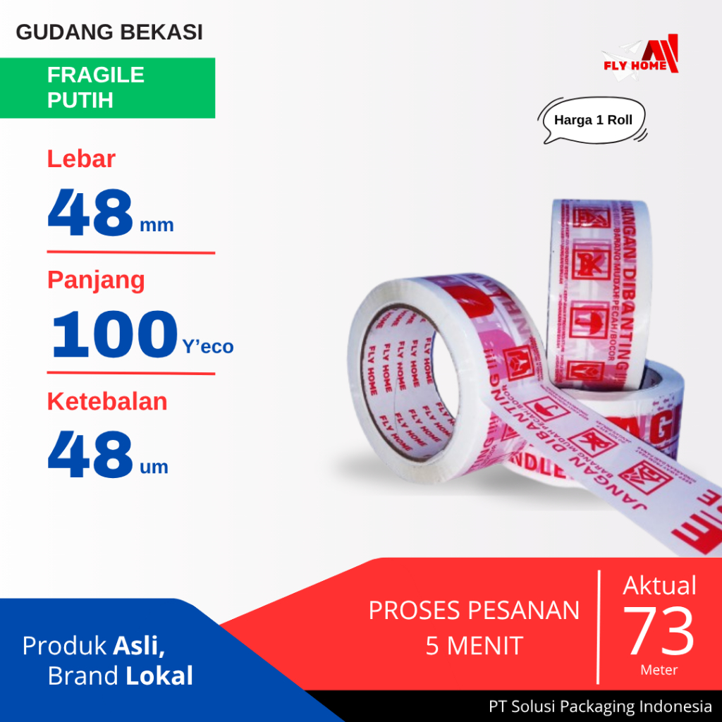 

FLYHOME 1Roll Lakban Fragile Putih 48x100Y 2inci Uk Besar ECO 100 Yard