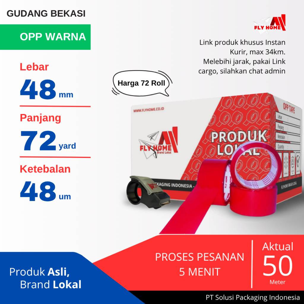 

FLYHOME 1Dus Lakban Warna Merah 48x72Y 2inchi 72 Yard INSTAN