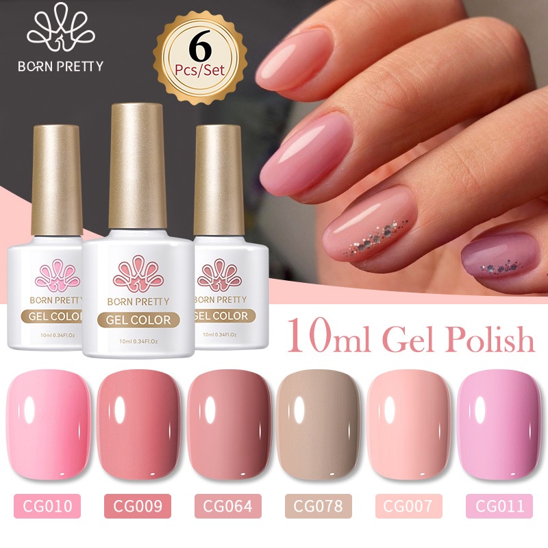 BORN PRETTY Pink Nude Gel Nail Gel Polish Set 10ml 6 Botol Kutek Gel Set Nail Gel Set Kutek Nail Art