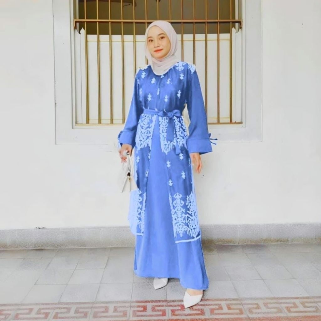 Gamis Set Outer dan Iner Brokat Denim Busui Terbaru Fashion Muslim Pesta Kondangan