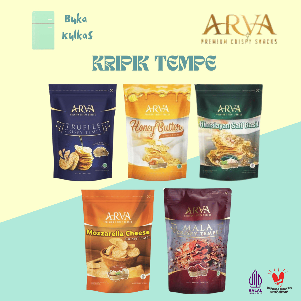 

BUKA KULKAS - ARVA Keripik Tempe Panggang Gluten Free Halal 100gr - Truffle/Himalaya Salt Basil/Mala/Mozarella Cheese/Honey Butter