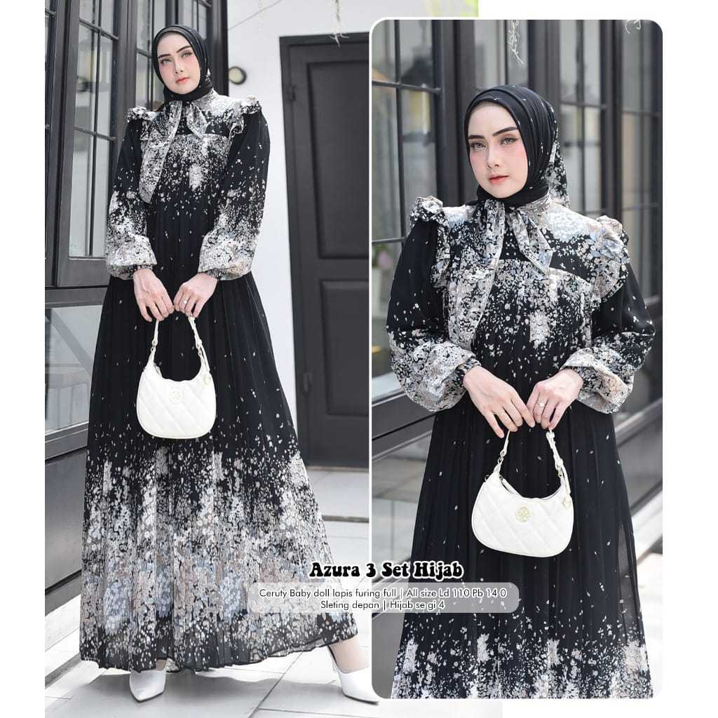 AZURA SET #3 DRESS + HIJAB CERUTY BABYDOLL MOTIF PRINTING FULL FURING DRESS WANITA KEKINIAN
