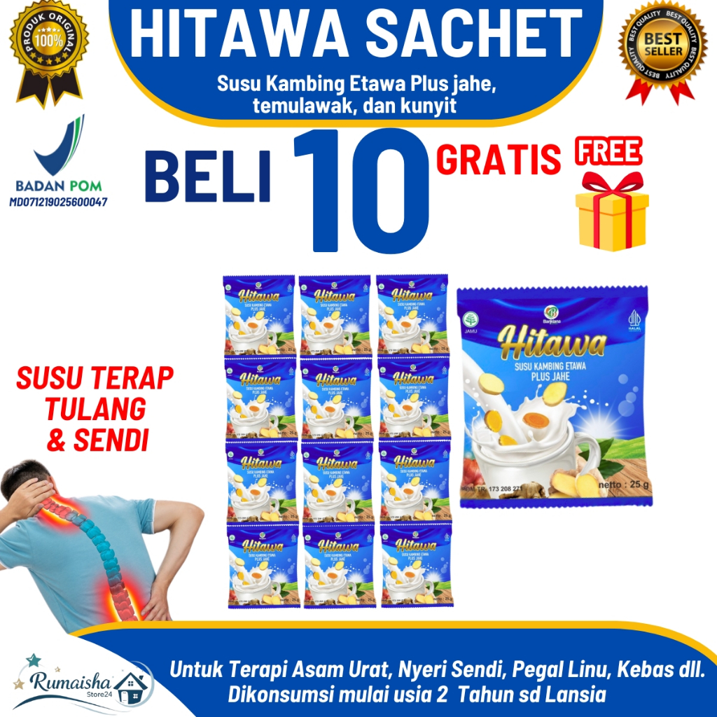 

Susu Etawa Hitawa Paket 10 Sachet – Plus Jahe, Temulawak, Kunyit | Tulang, Sendi, Asam Urat, Imun