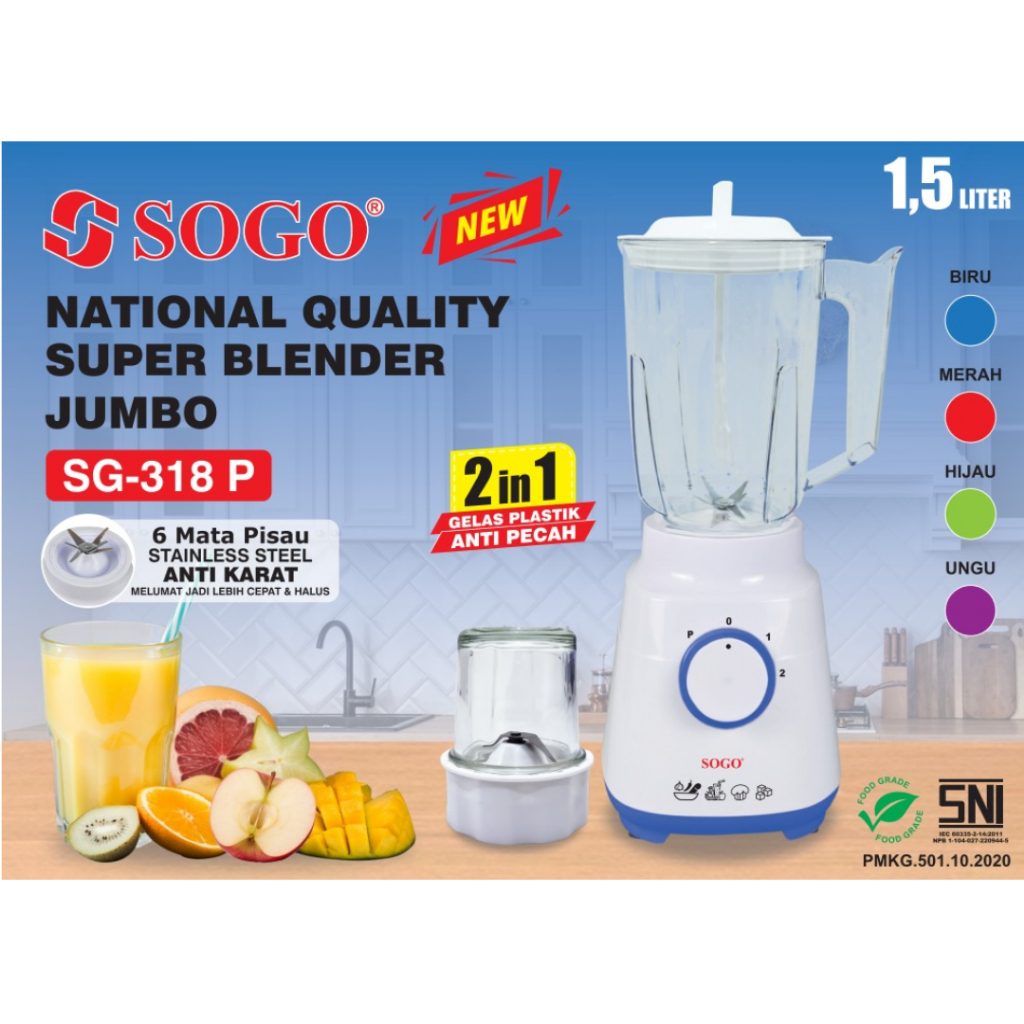 SOGO- Blender Jumbo Ukuran 1.5L Plastik Anti Pecah 2 Tabung 6 Mata Pisau Penghancur Es SG-318P