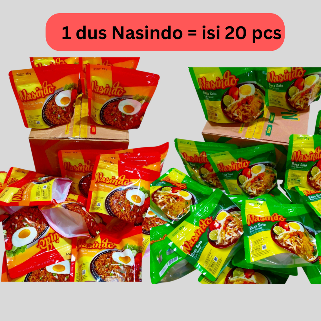 

1 dus Nasindo isi 20 pcs Nasi instant siap seduh Nasi Goreng / Soto Gurih Camping Traveling